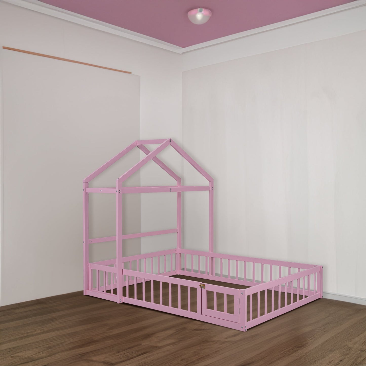 Wooden Full Size Children's Bed with Detachable Headboard and Integrated Clothes Drying Rack, Pink - Korvel
