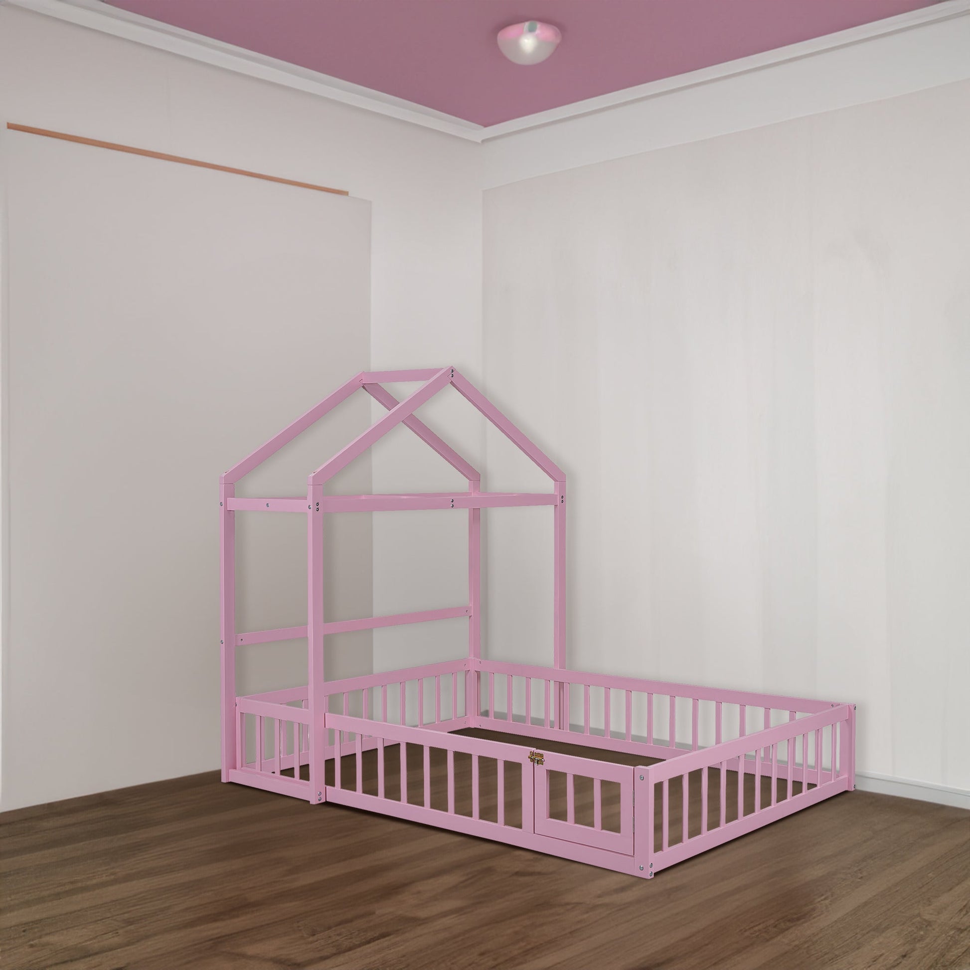 Wooden Full Size Children's Bed with Detachable Headboard and Integrated Clothes Drying Rack, Pink - Korvel