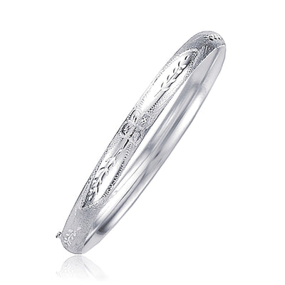 Classic Floral Carved Bangle in 14k White Gold