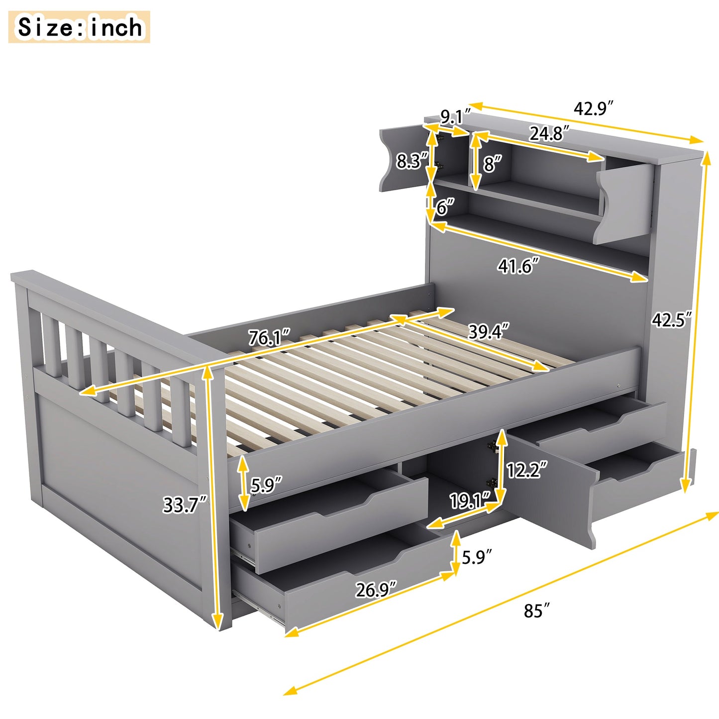 Twin Size Captain Platform Bed Frame with Storage in Gray