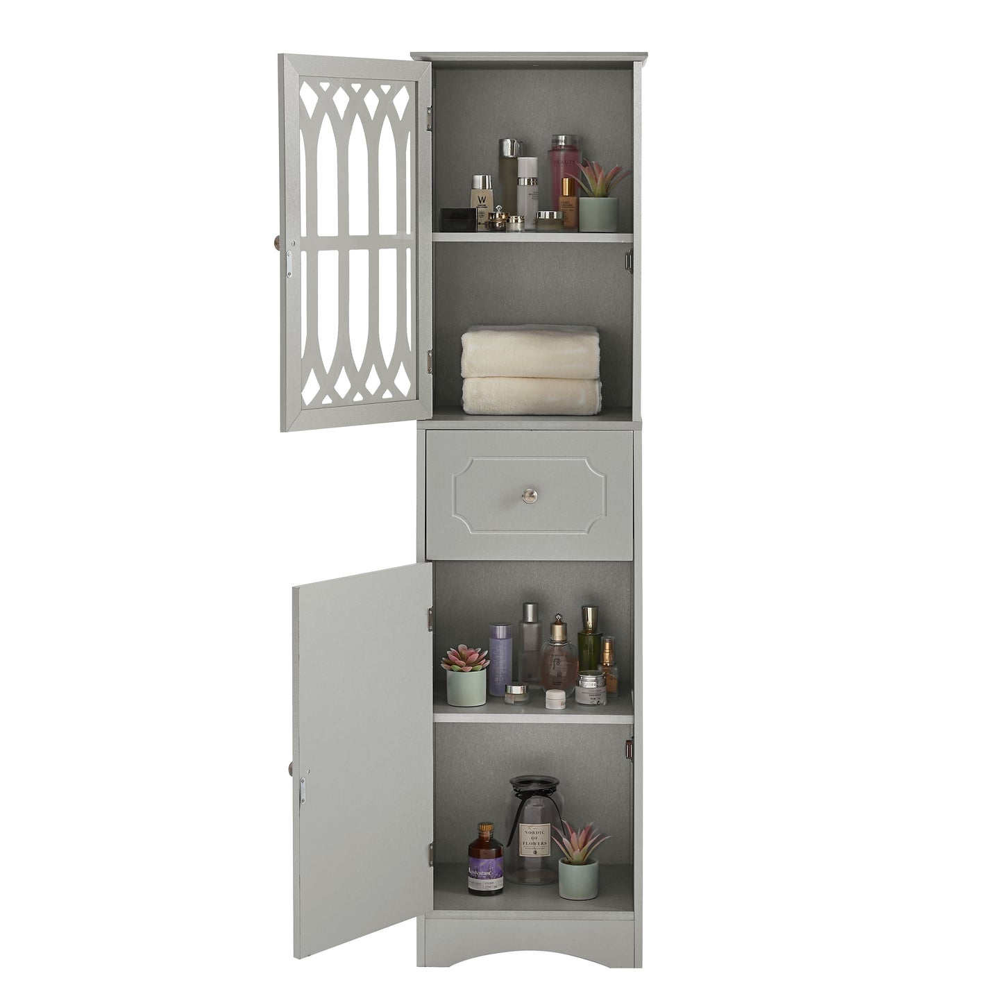 Tall Bathroom Cabinet, Freestanding Storage Cabinet with Drawer and Doors, MDF Board, Acrylic Door, Adjustable Shelf, Grey - Korvel