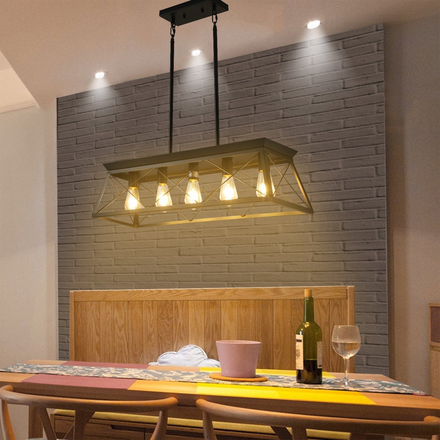 5-light farmhouse pendant light, metal pendant light island fixture, modern rectangular island light, pure black (no bulb) - Korvel