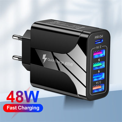 4USB+Type-C mobile phone charger PD18W 5-in-1 charging head 48W charger PD interface charger - Korvel