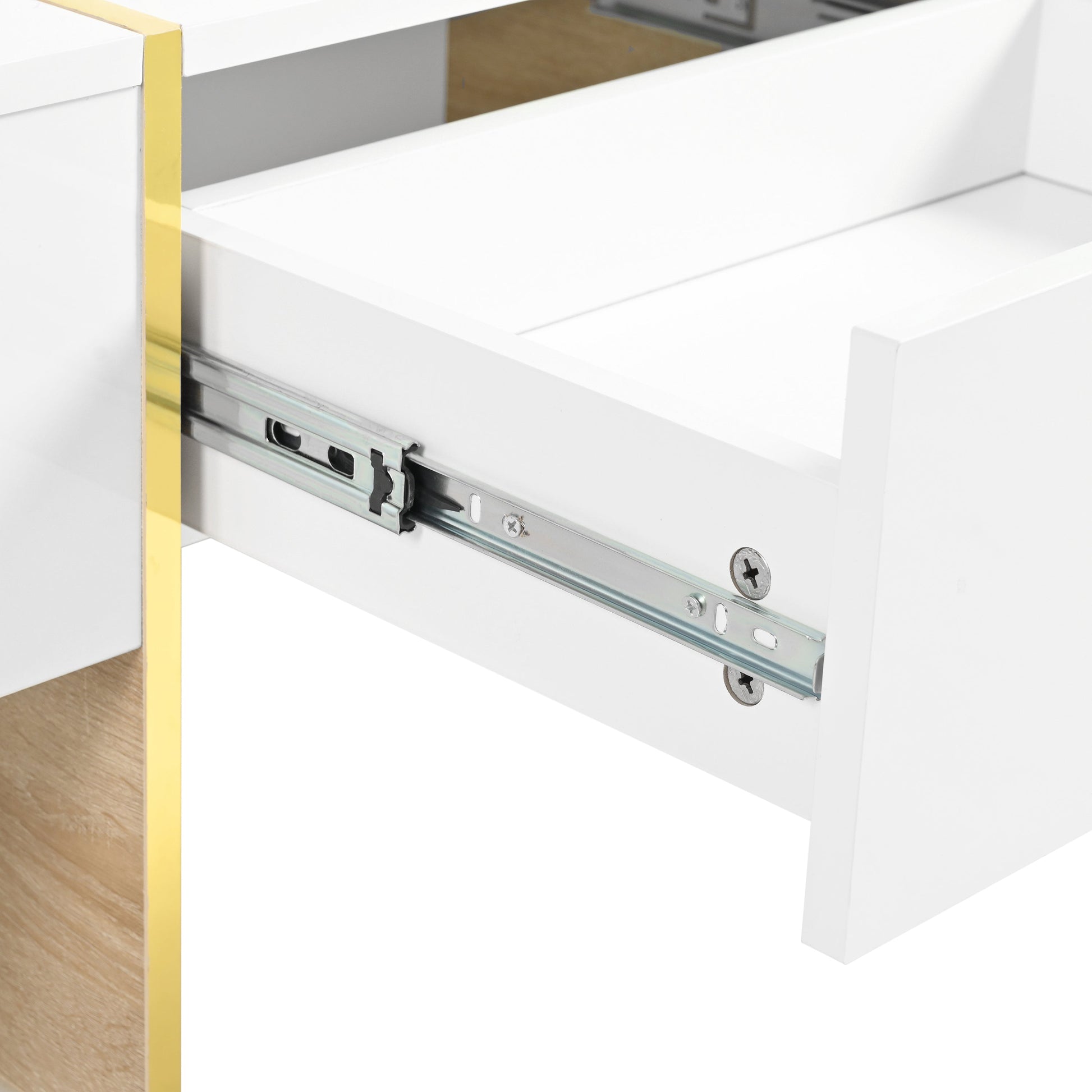 ON-TRANS 47.2 inch x 31.4 inch multifunctional rectangular sofa table with 2 drawers and gold wood grain leg center table, white - Korvel