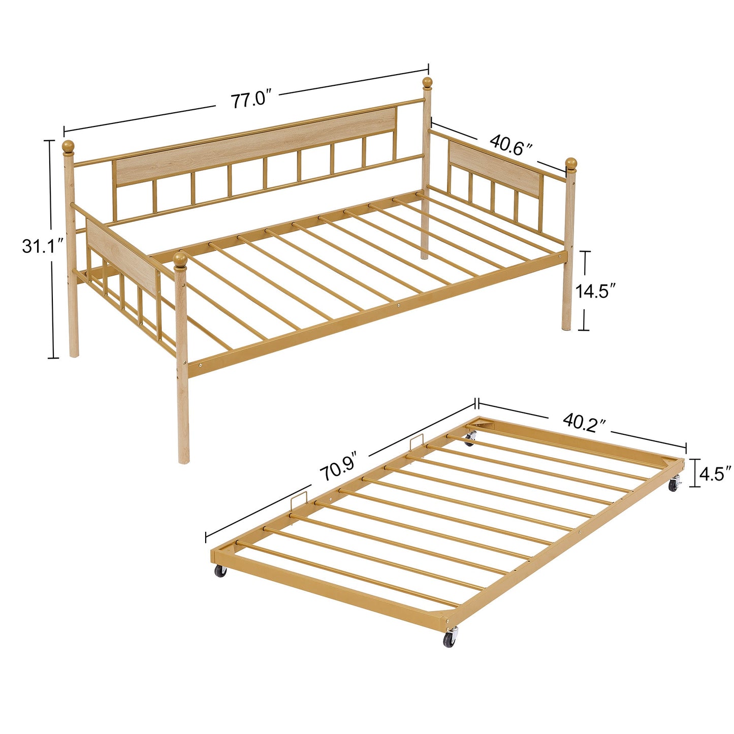 Elegant Golden Metal Daybed with Trundle - Twin Size