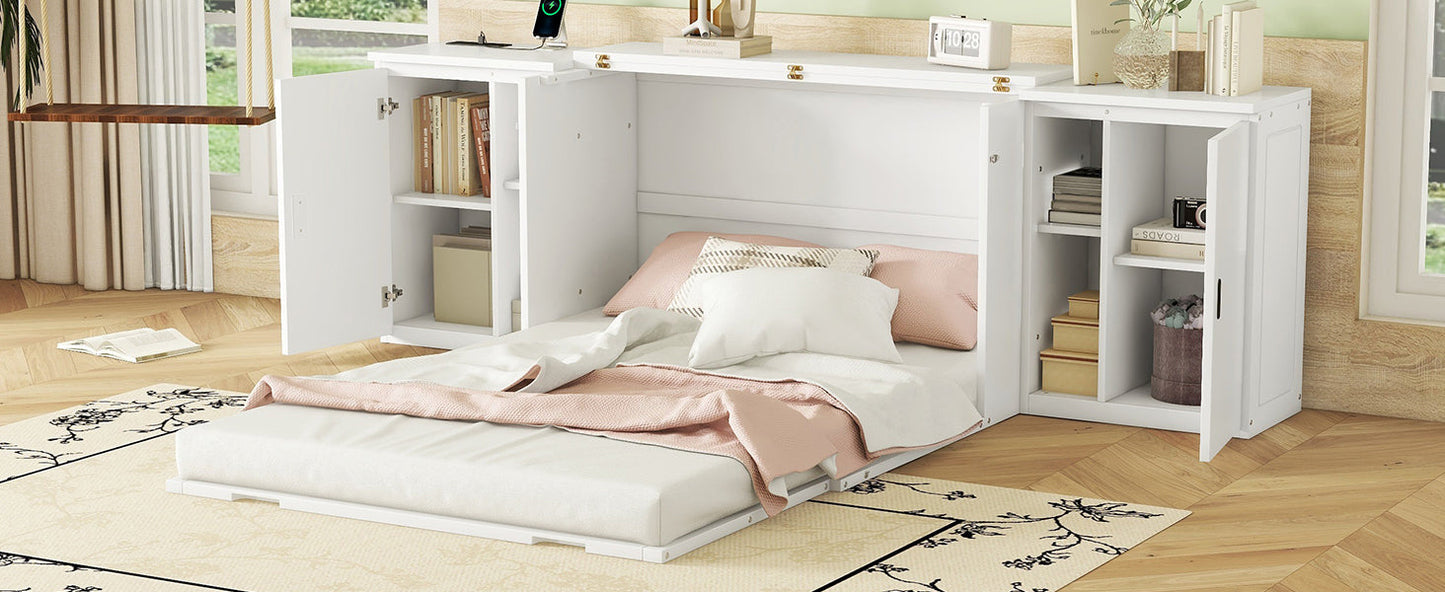 Full Size Murphy Bed with Shelves and USB Ports - White