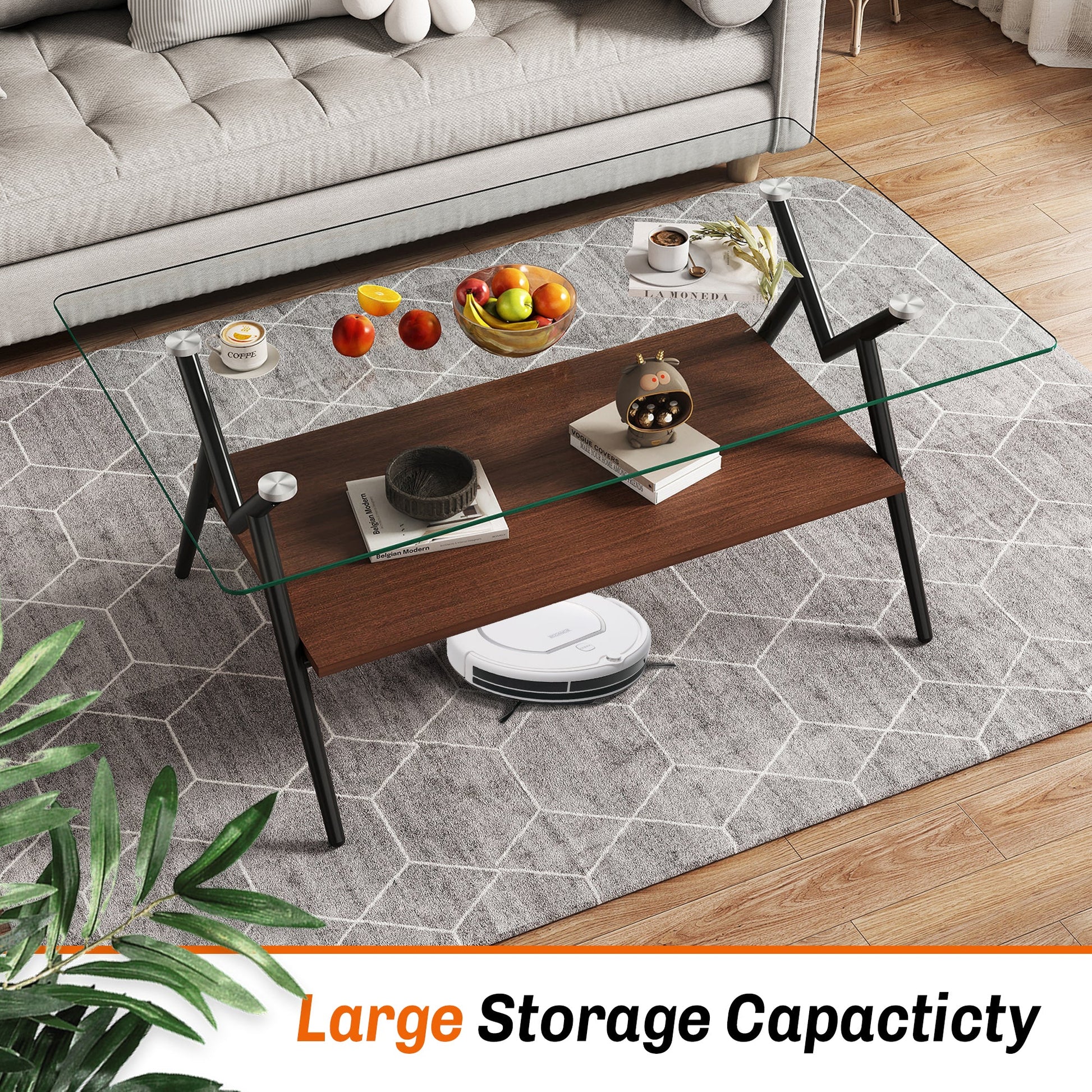 Rectangle Coffee Table with Tempered Glass top and Black Metal Legs, Modern Table for Living Room , Transparent Glass - Korvel