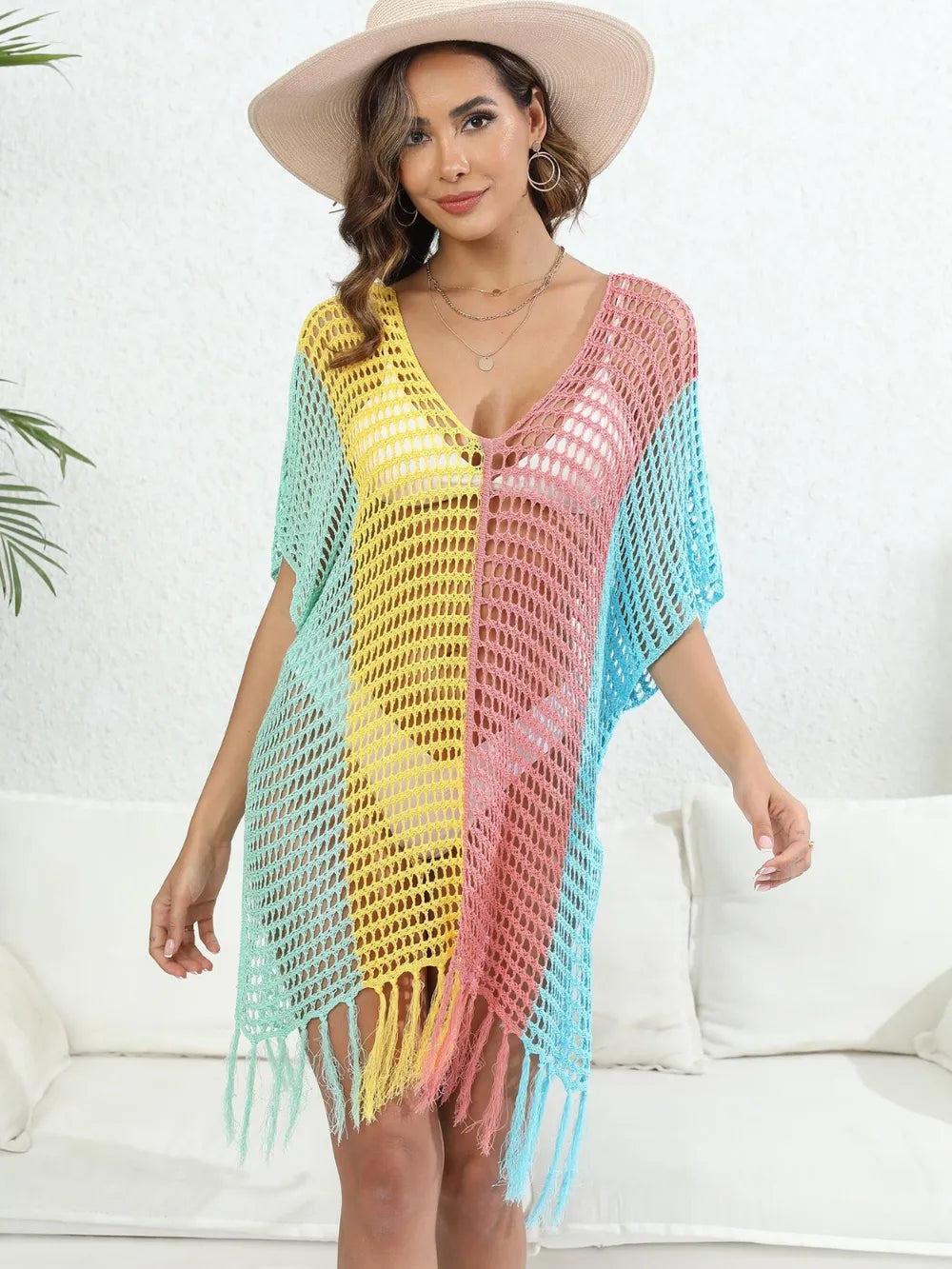 Fringe Color Block Scoop Neck Cover Up - Korvel