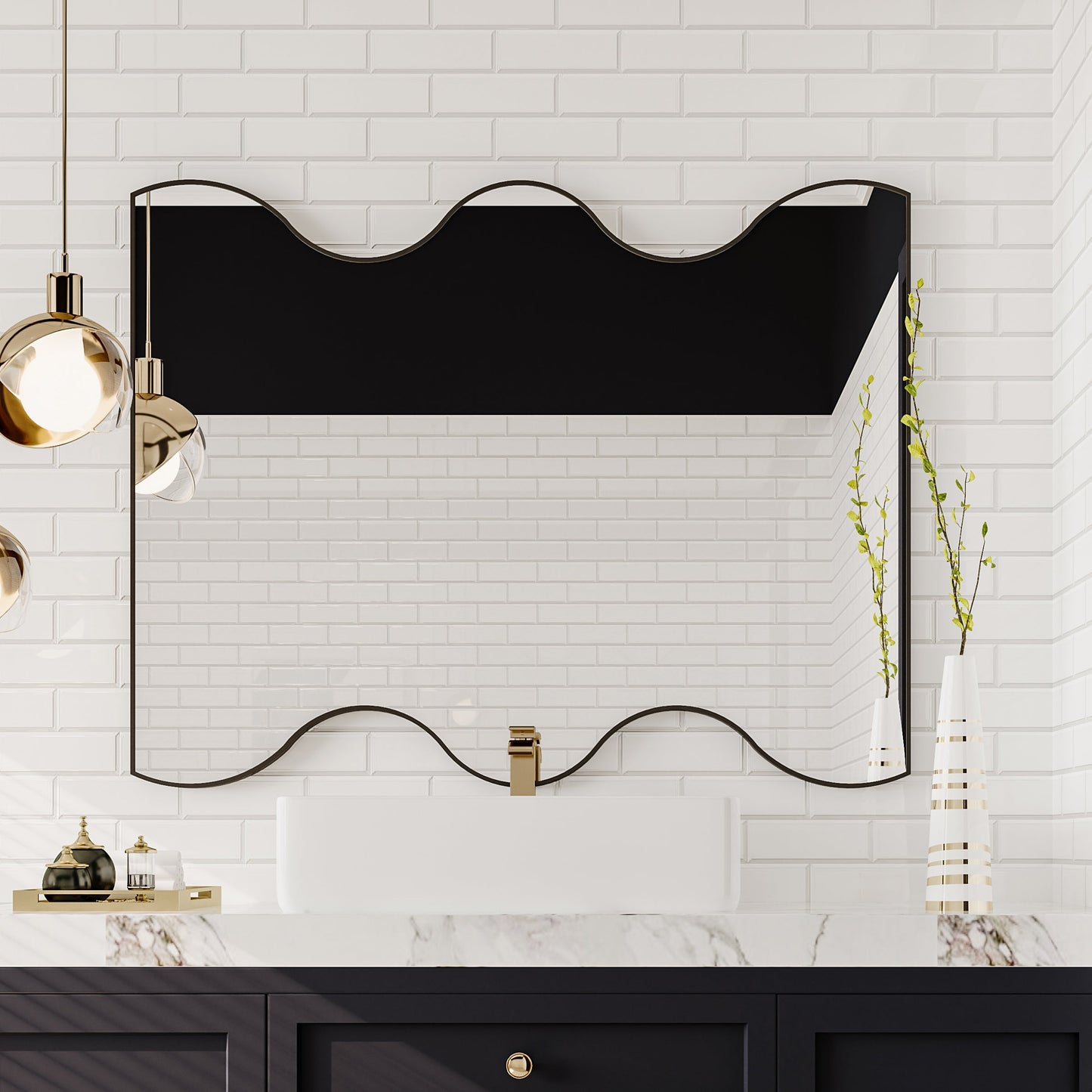 Wall Mirror 30x35 Inch Black Rectangular Mirror with 2 Wavy Sides Metal Framed Mirror Vanity Mirror Dressing Mirror - Korvel