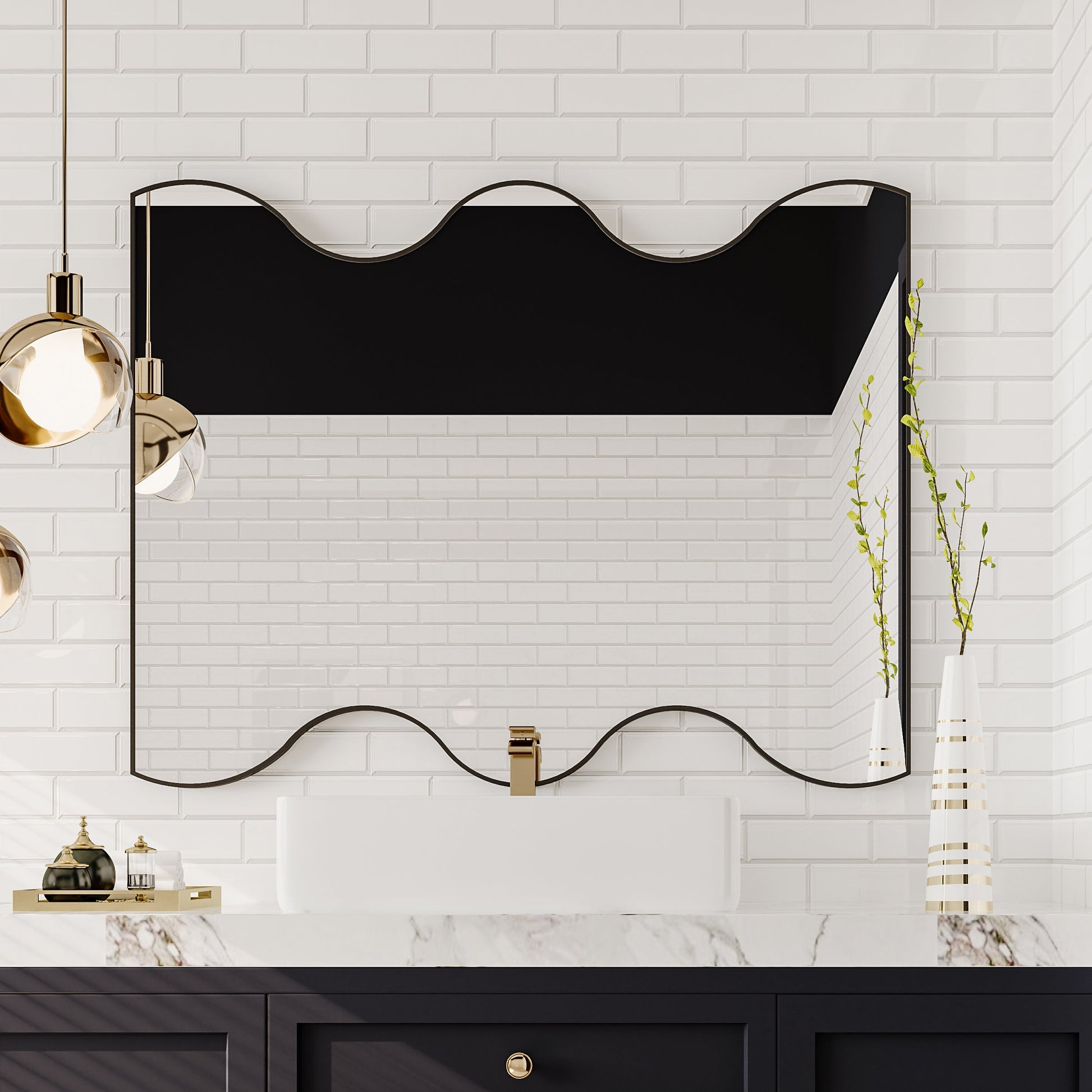 Wall Mirror 30x35 Inch Black Rectangular Mirror with 2 Wavy Sides Metal Framed Mirror Vanity Mirror Dressing Mirror - Korvel