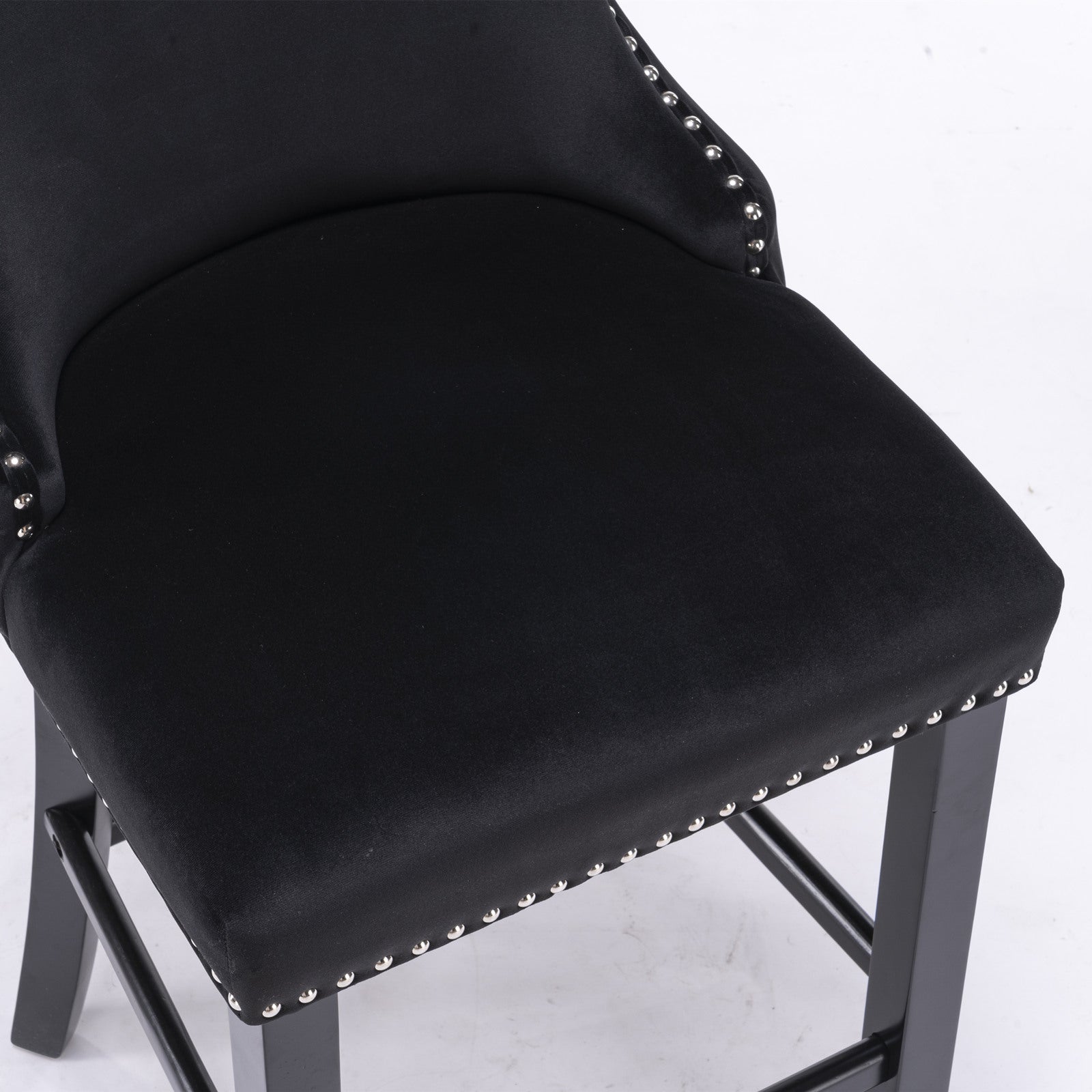 Velvet padded wing back bar stool with button cluster decoration and wooden leg chrome nail head decoration 2-piece set (black) - Korvel