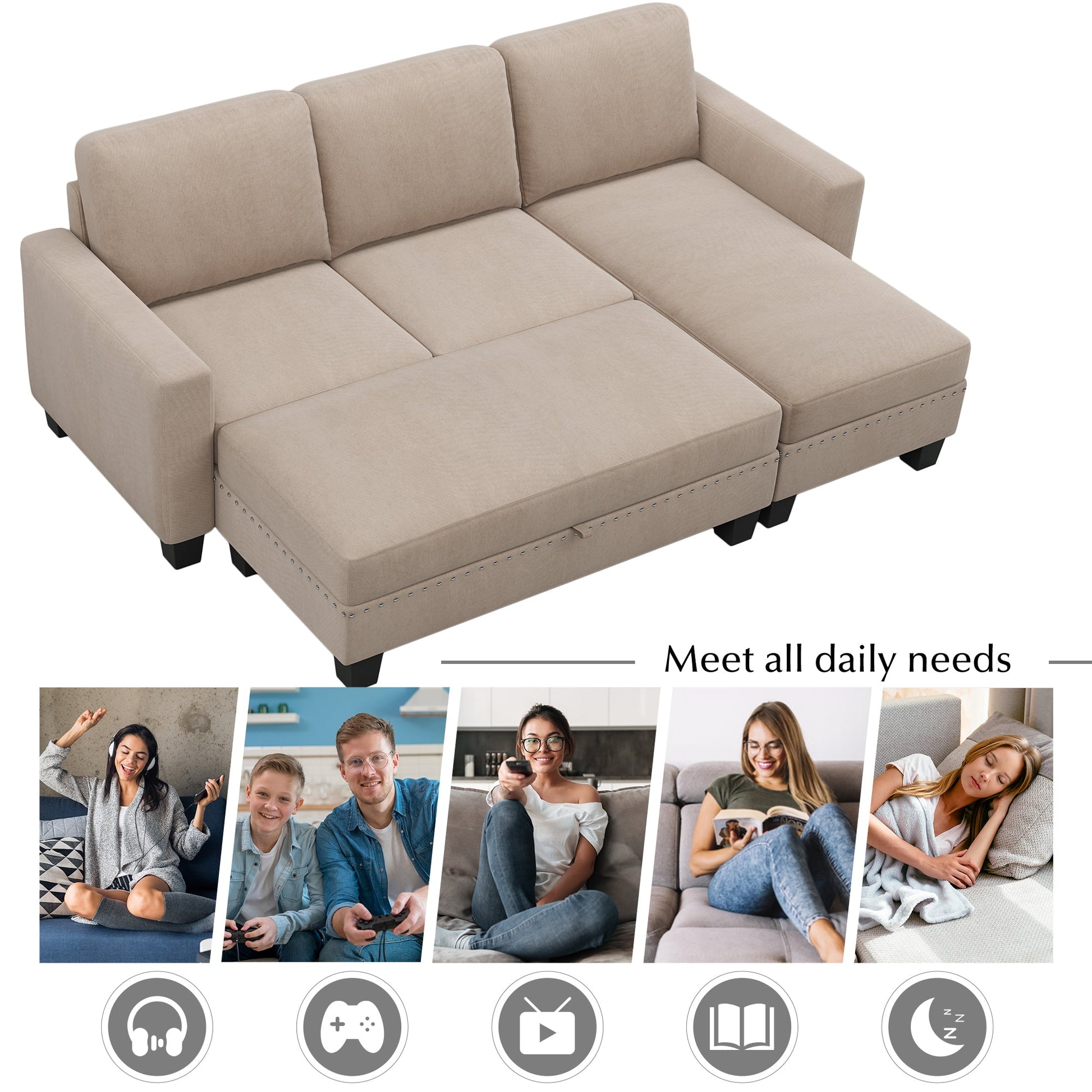 [New]81" Reversible Sectional Couch with Storage Chaise L-Shaped Sofa for Apartment Sectional Set Warm Grey - Korvel