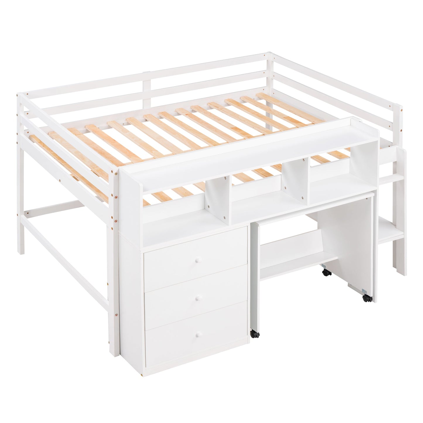 Full Size Low Loft Bed with Rolling Portable Desk, Drawers and Shelves, White - Korvel