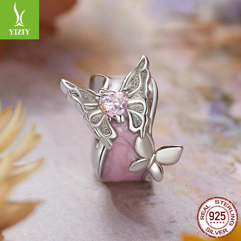Silver Charm Pink Butterfly DIY Silicone Positioning Bracelet with Separated Beads Romantic Spring Day s925 Pure Silver Beads Loose Beads - Korvel