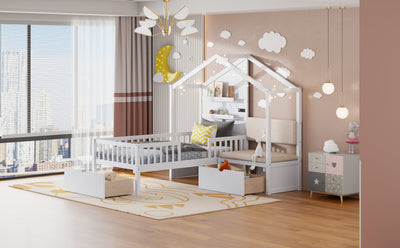 Twin Size House Bed with Upholstered Sofa and Charging Station