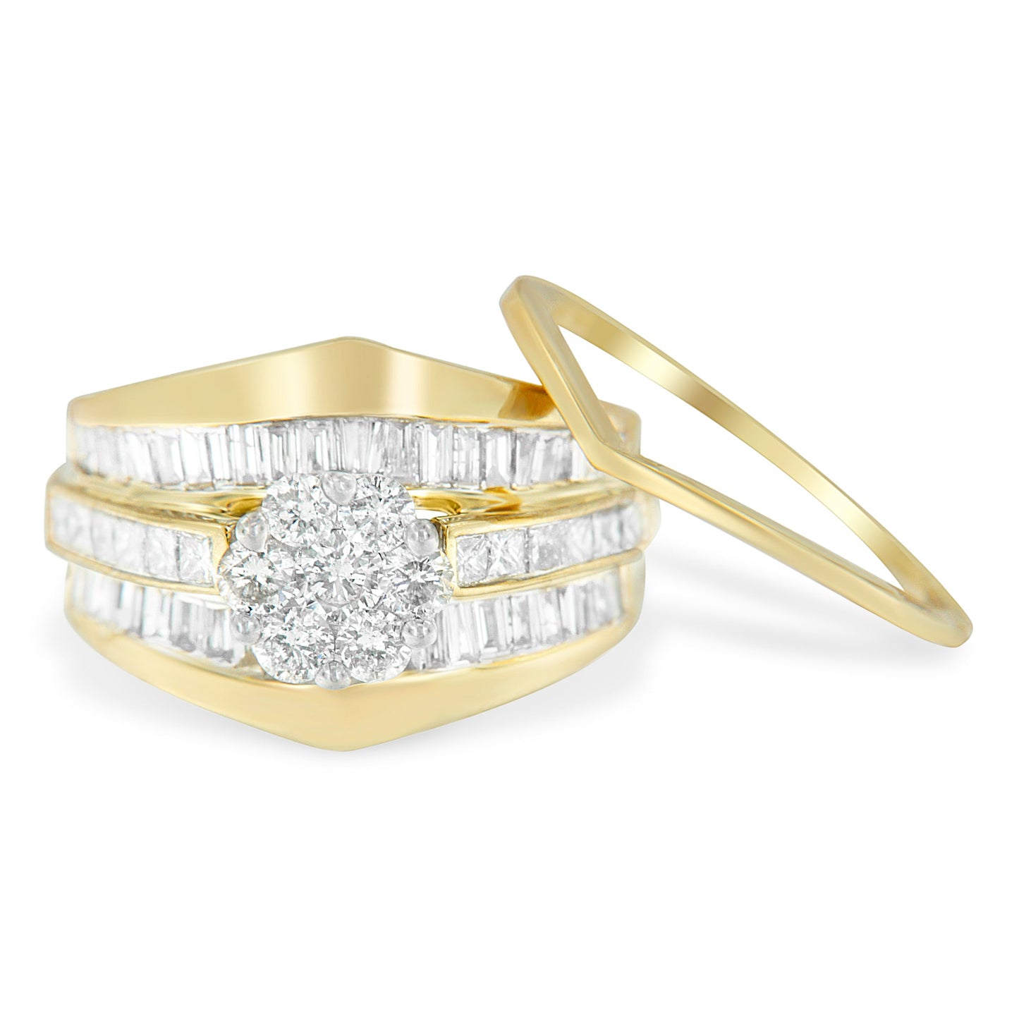 Ensemble de Bagues de Fiançailles en Or Jaune 14K avec Diamants en Cluster en Forme de Chevron - Tai