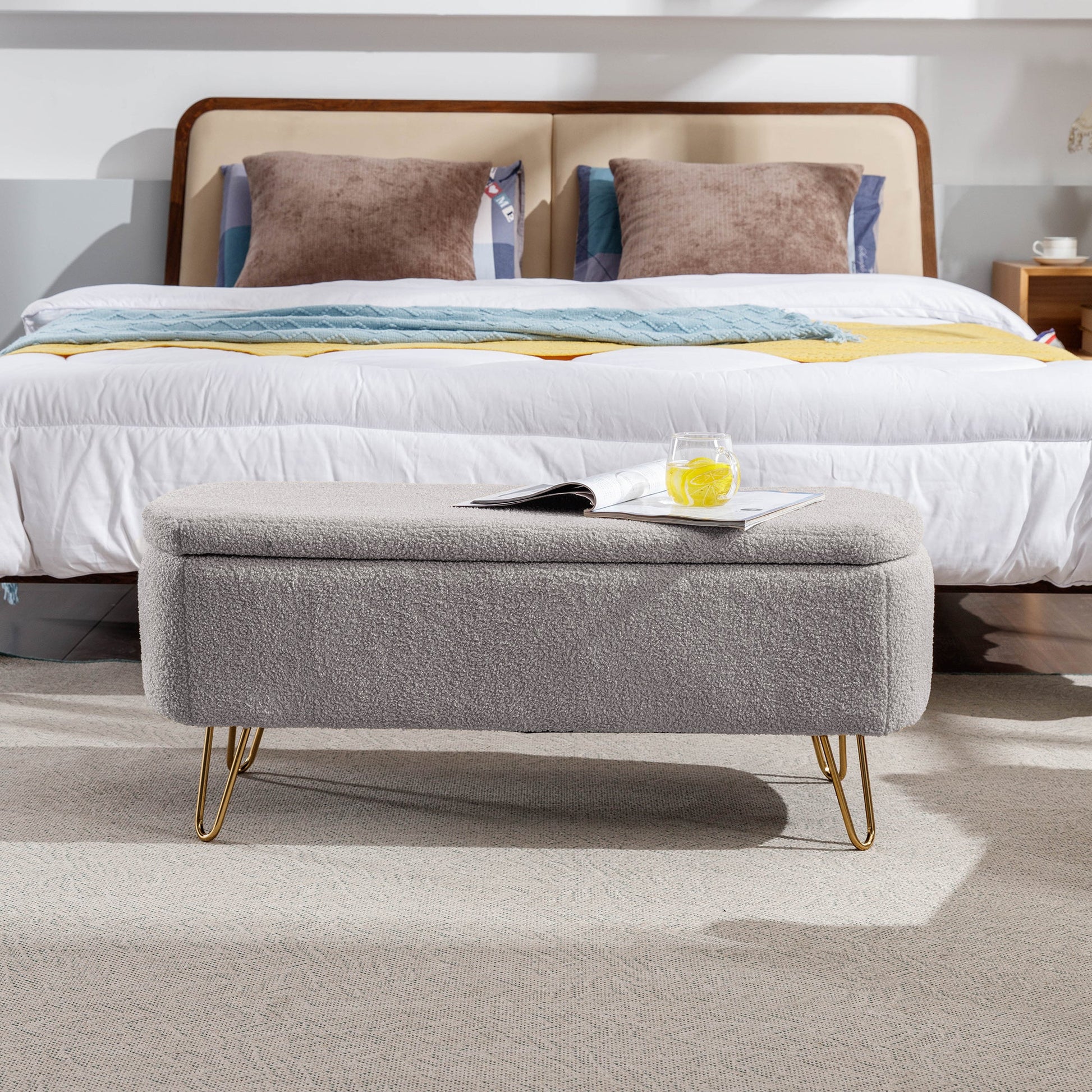 Grey Storage Ottoman Bench for End of Bed Gold Legs Modern Grey Faux Fur Entryway Bench - Korvel