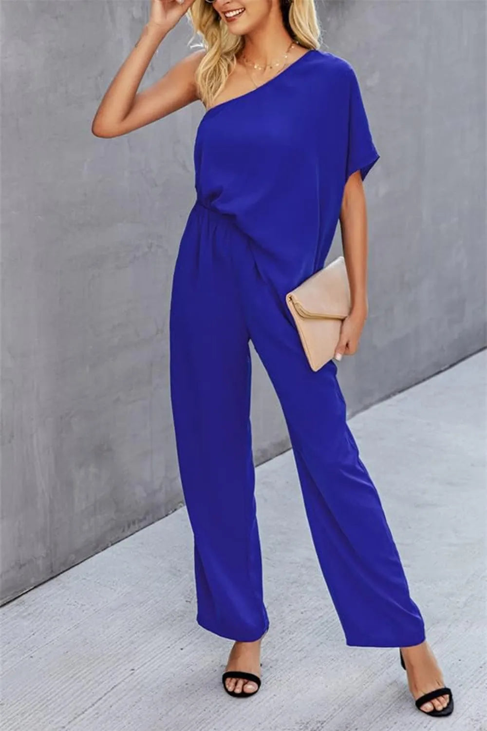 Single Shoulder Short Sleeve Jumpsuit - Korvel