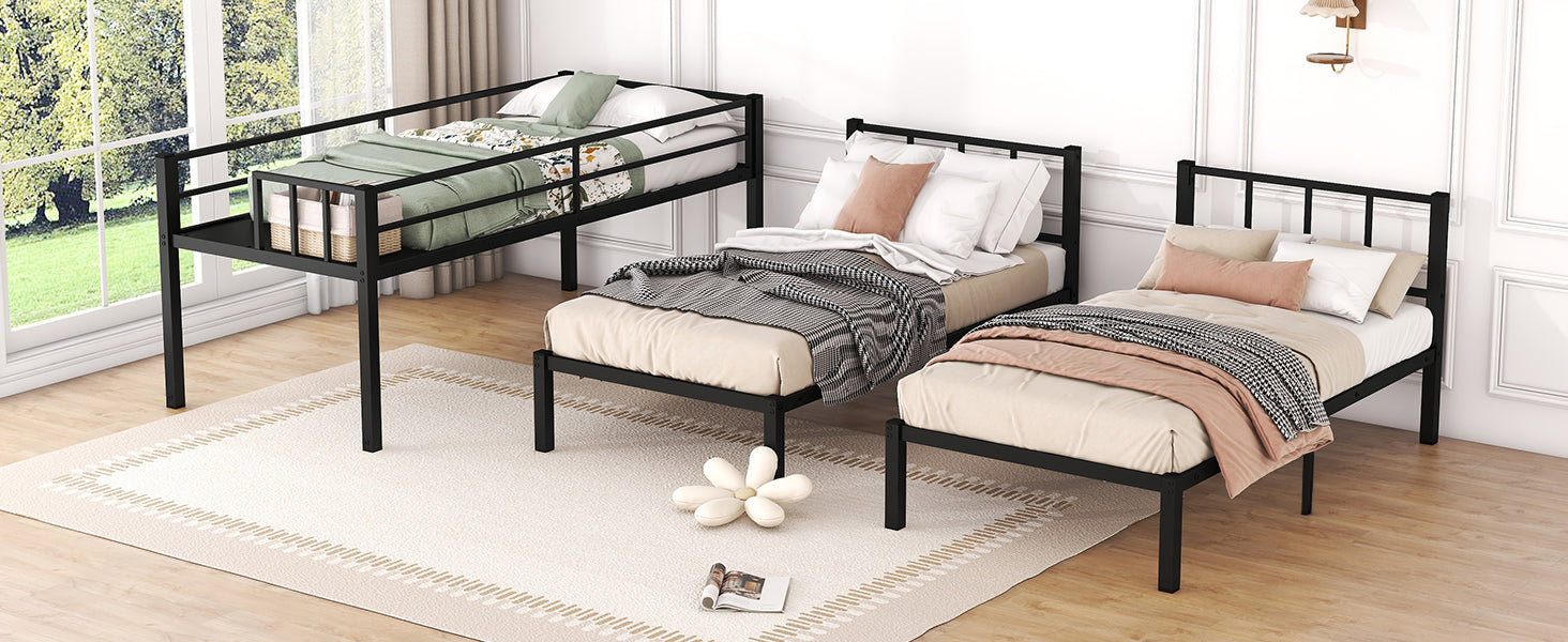 Twin over Twin & Twin Bunk Beds for 3, Twin XL over Twin & Twin Bunk Bed Metal Triple Bunk Bed, Black - Korvel