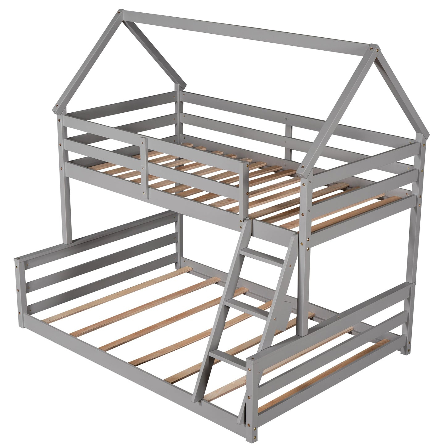 Twin over Full House Bunk Bed with Built-in Ladder Gray - Korvel