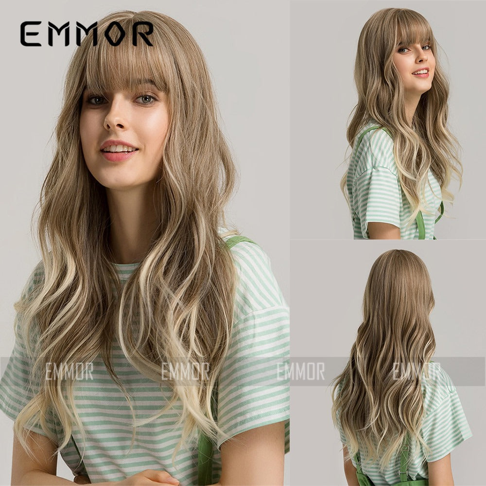 Natural Long Curly Hair Wig with Bangs - Black Brown