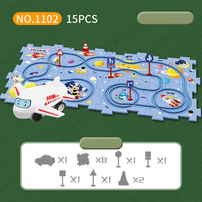 DIY assembly of children's puzzle track car with various scenarios city map construction electric puzzle track car - Korvel