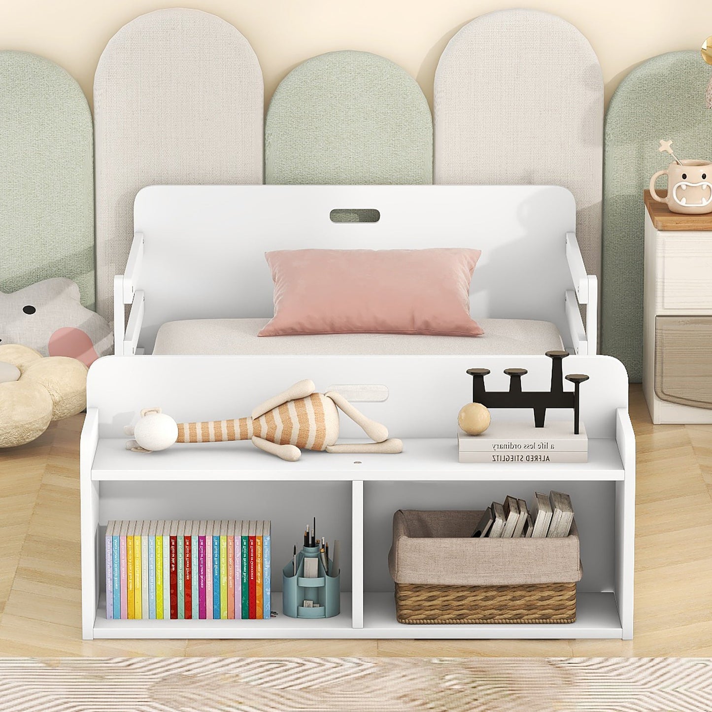 Twin Size Floor Bed with Storage Footboard and Guardrail, White - Korvel