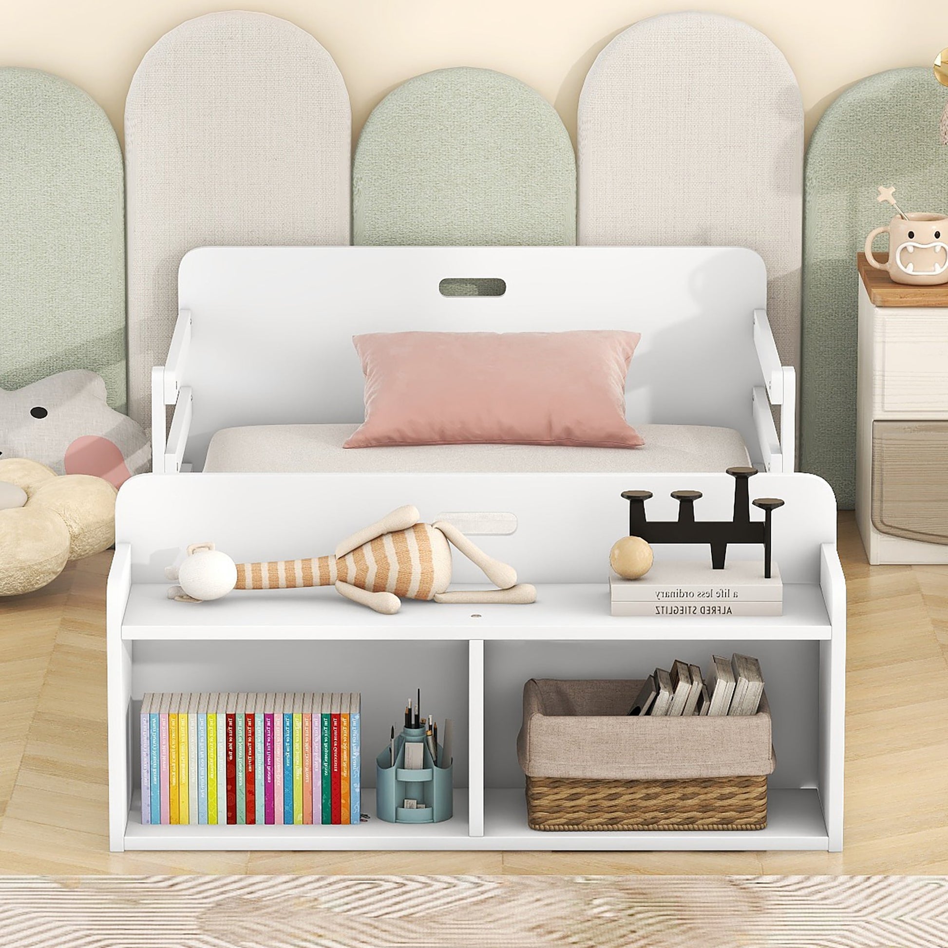 Twin Size Floor Bed with Storage Footboard and Guardrail, White - Korvel