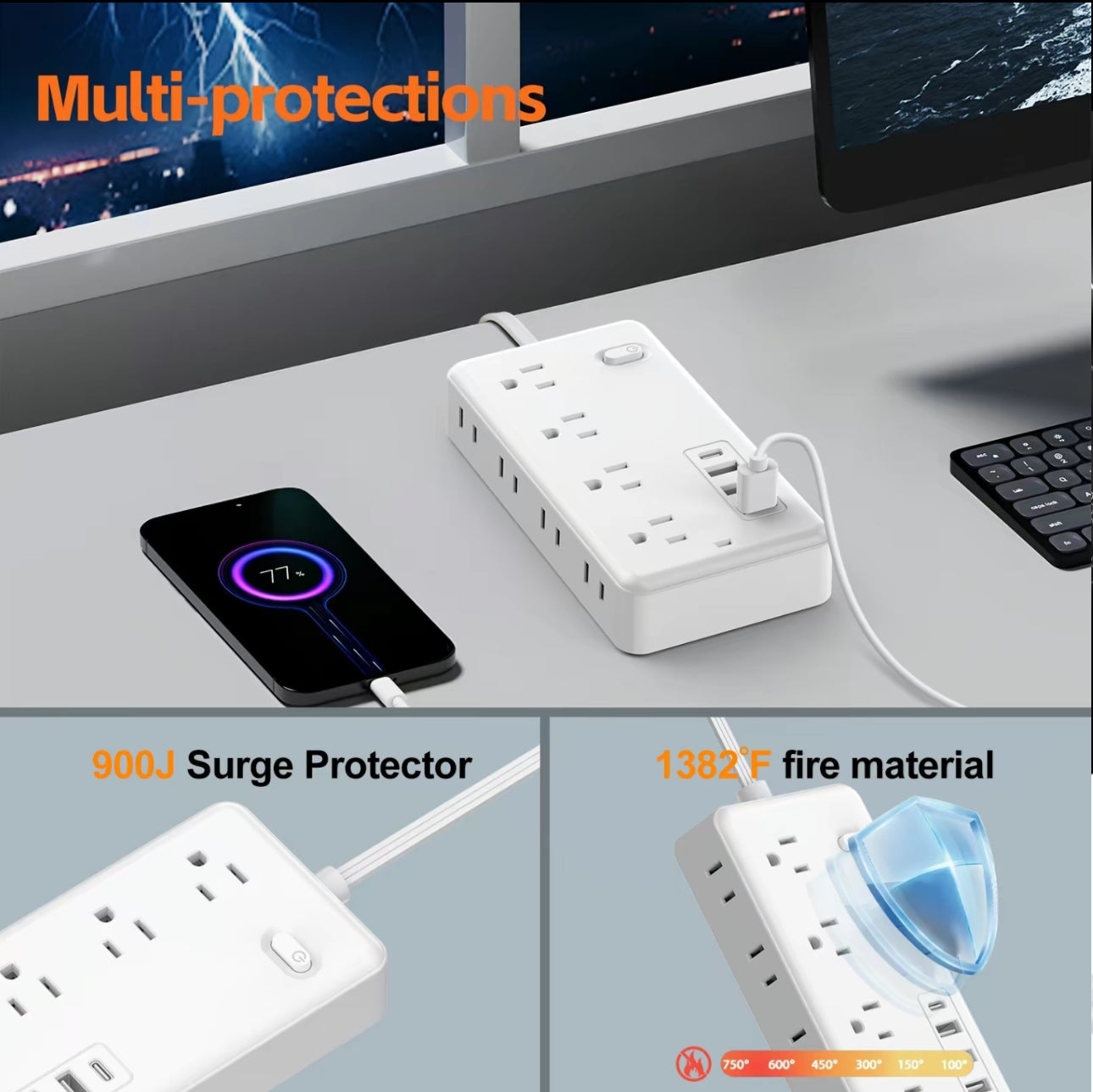 FlatCharge 8-Outlet Power Strip with USB Ports