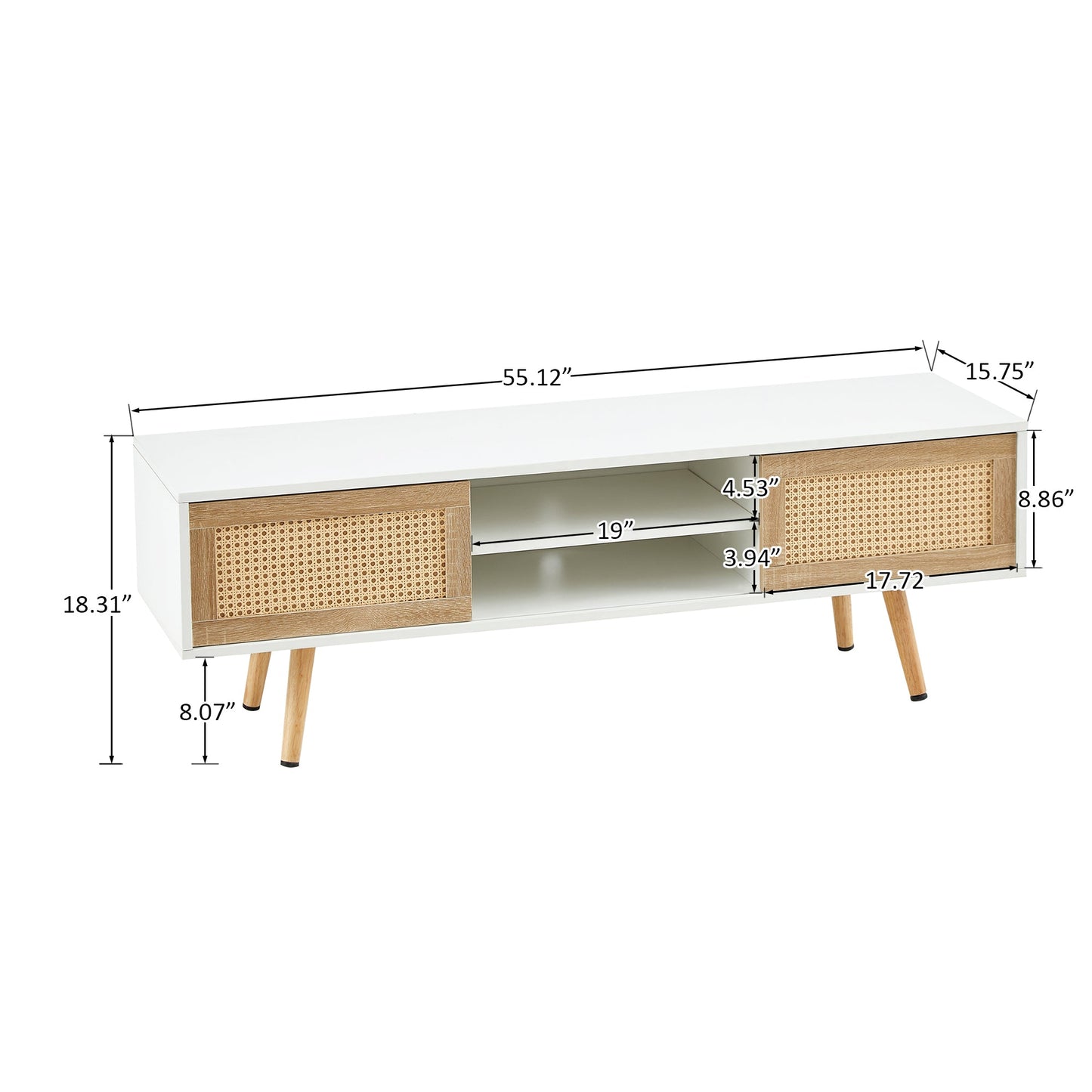 55.12" Rattan TV cabinet double sliding doors for storage adjustable shelf solid wood legs TV console for living room  White - Korvel