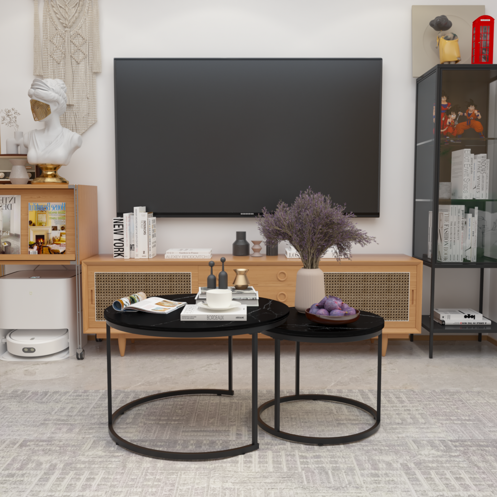 A set of nested coffee tables, 27.6-inch round coffee table, wooden marble patterned tabletop, sturdy metal frame (black) - Korvel