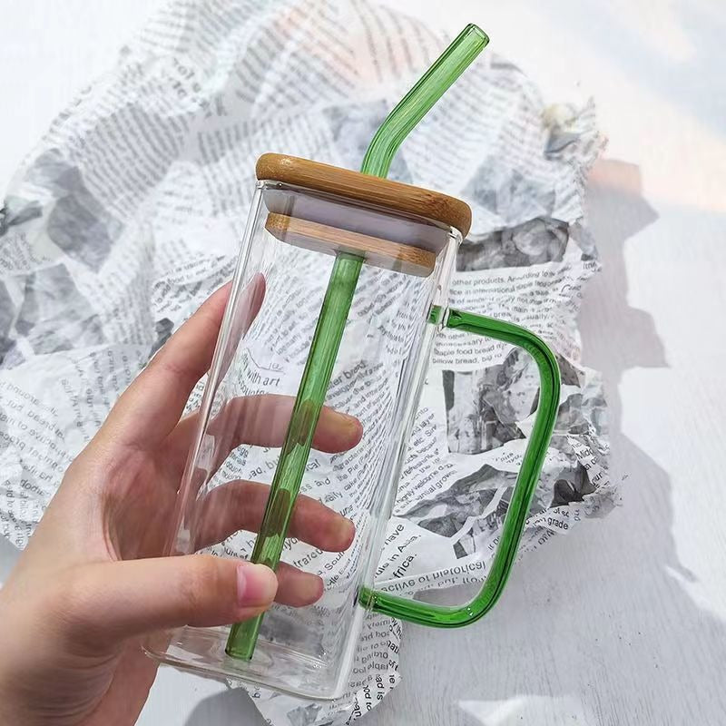 Square colored handle cup glass straw cup with lid milk tea cup with large capacity - Korvel