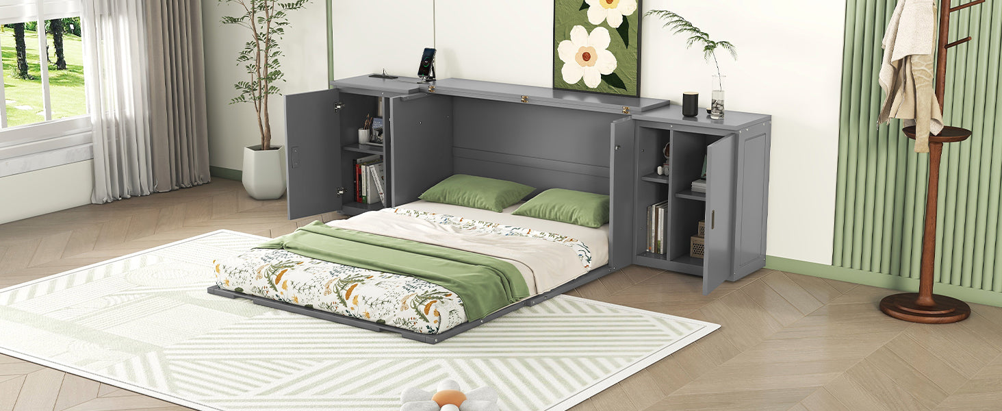 Queen Size Murphy Bed with Shelves, Cabinets and USB Ports,Gray - Korvel