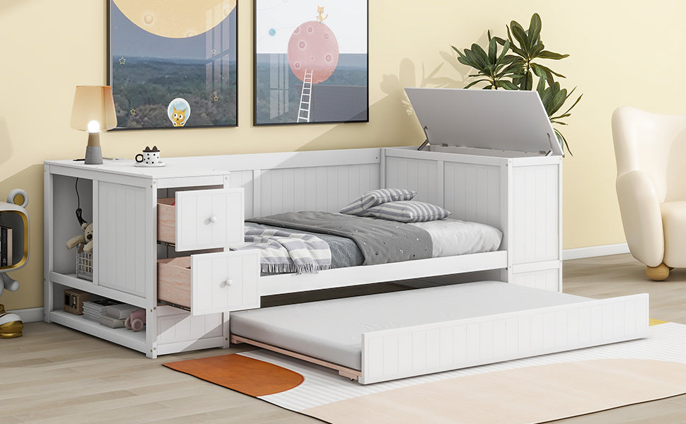 Twin Size Daybed with Storage Arms  Trundle and Charging Station White - Korvel