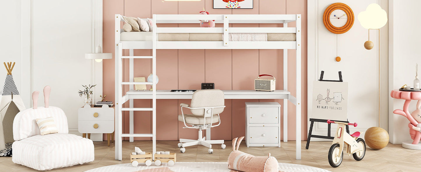 Twin Loft Wood Bed with Under-bed, Built-in Desk, a Storage Cabinet of 2 Drawers, Guardrails, Ladder,White - Korvel