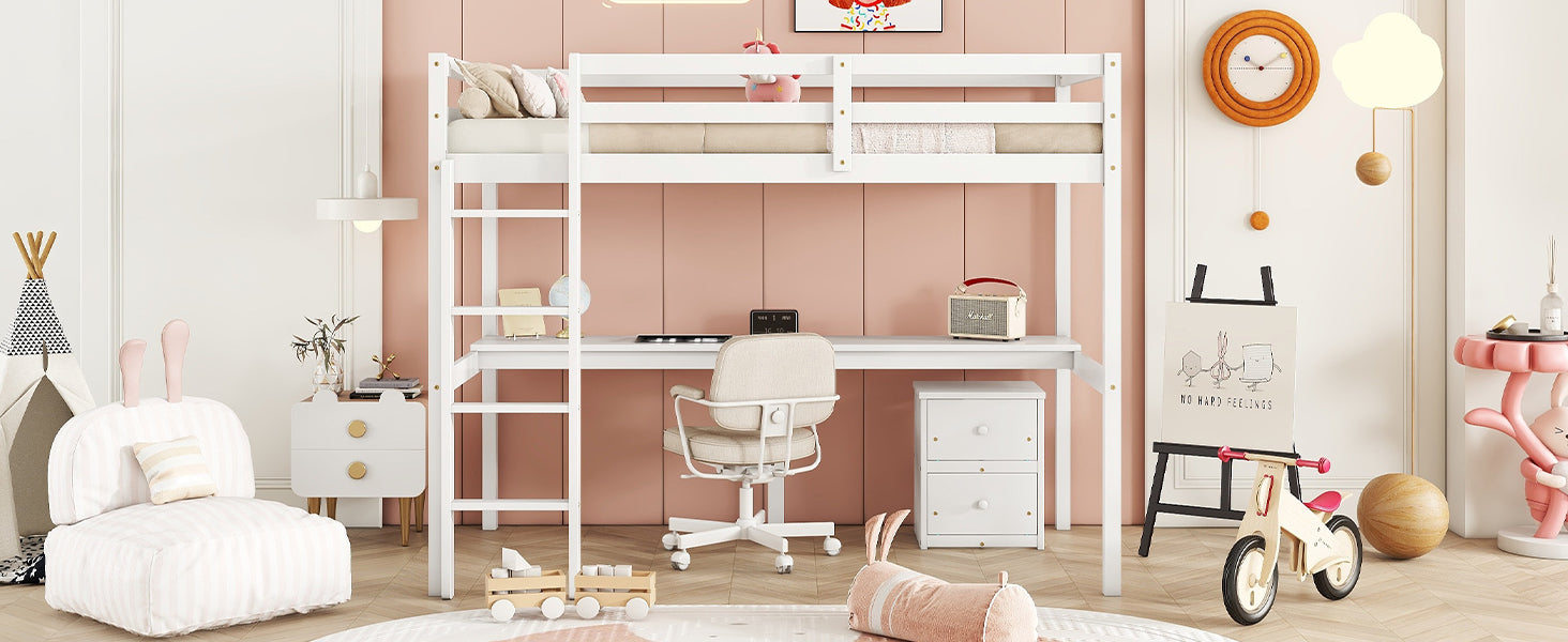 Twin Loft Wood Bed with Under-bed, Built-in Desk, a Storage Cabinet of 2 Drawers, Guardrails, Ladder,White - Korvel