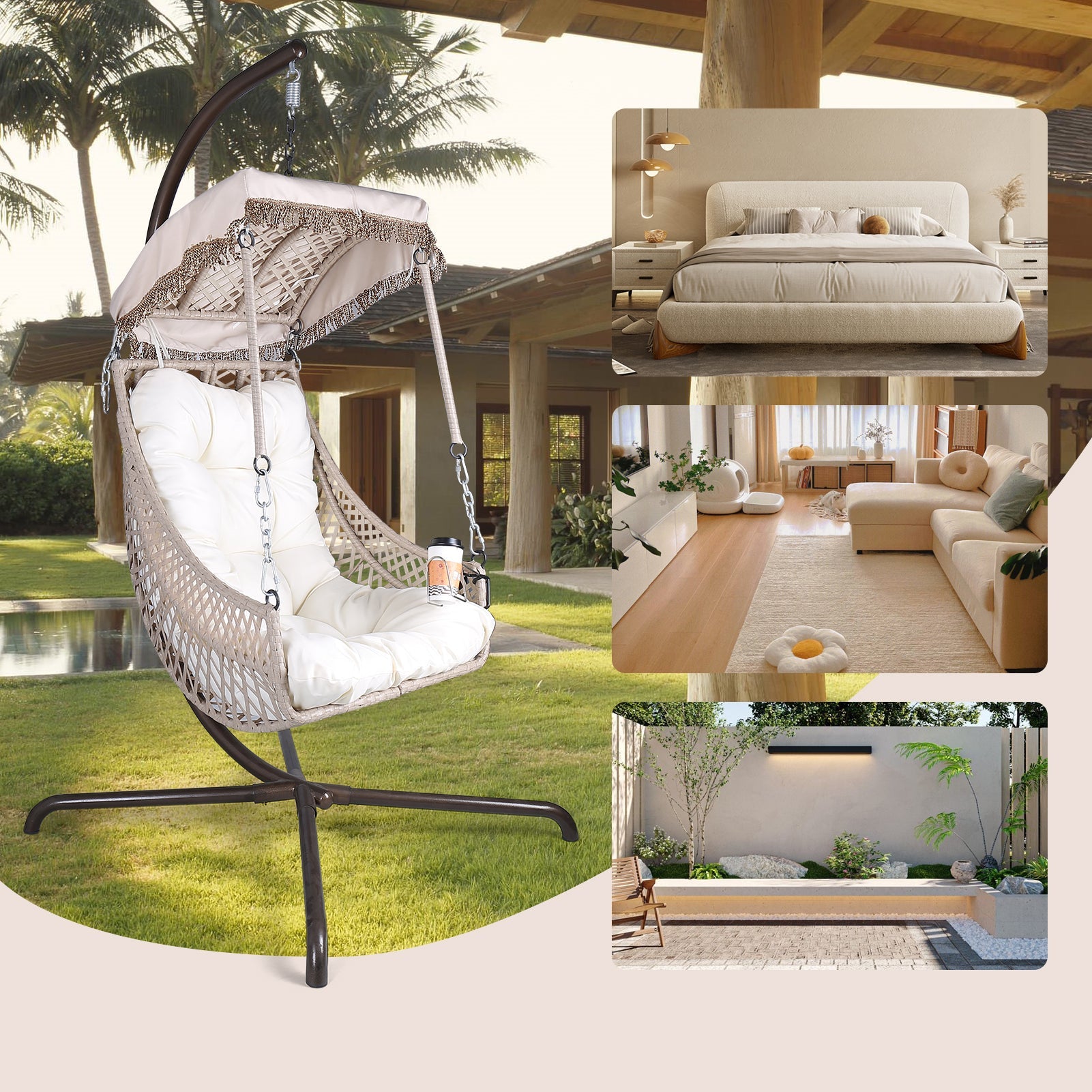 Swing Egg Chair with Stand Indoor Outdoor Wicker Rattan Frame 350lbs Capacity Hammock Chair for Patio Bedroom with Sunshade Clot - Korvel