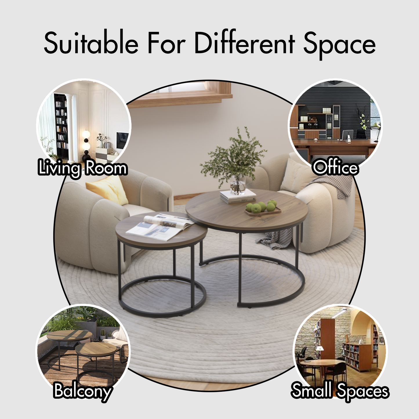 A set of nested coffee tables, 27.6-inch round coffee table, industrial wood veneer, with sturdy metal frame (brown) - Korvel