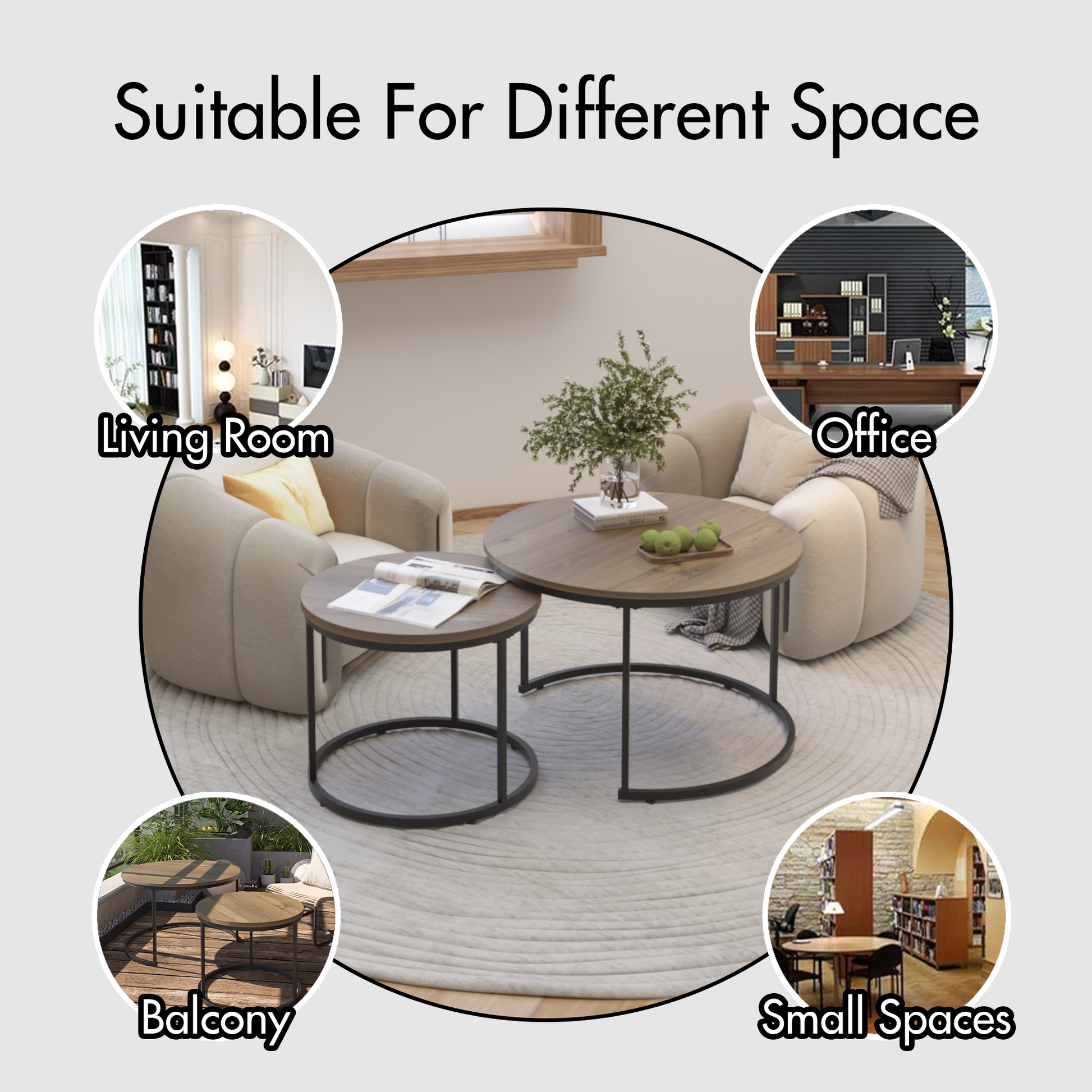 A set of nested coffee tables, 27.6-inch round coffee table, industrial wood veneer, with sturdy metal frame (brown) - Korvel