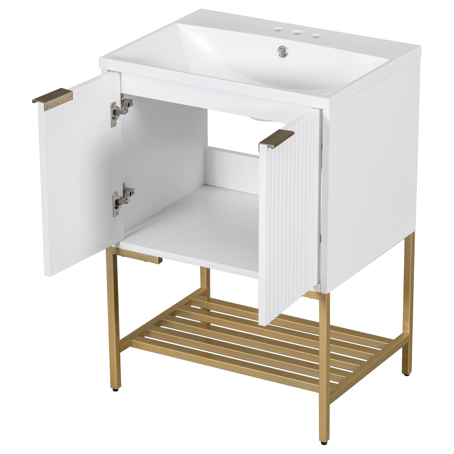 24" Bathroom Vanity with Sink, Bathroom Vanity Cabinet with Two Doors and Gold Metal Frame, Open Storage Shelf, White - Korvel