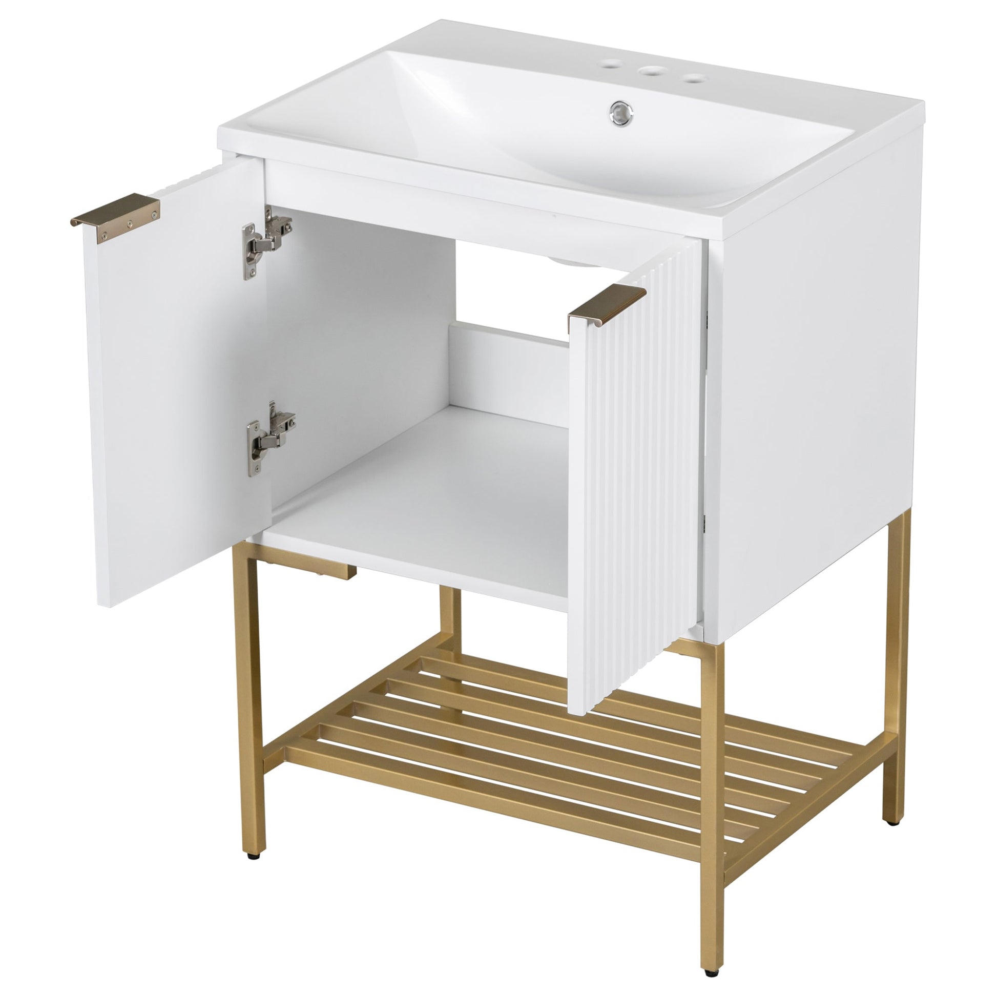 24" Bathroom Vanity with Sink, Bathroom Vanity Cabinet with Two Doors and Gold Metal Frame, Open Storage Shelf, White - Korvel