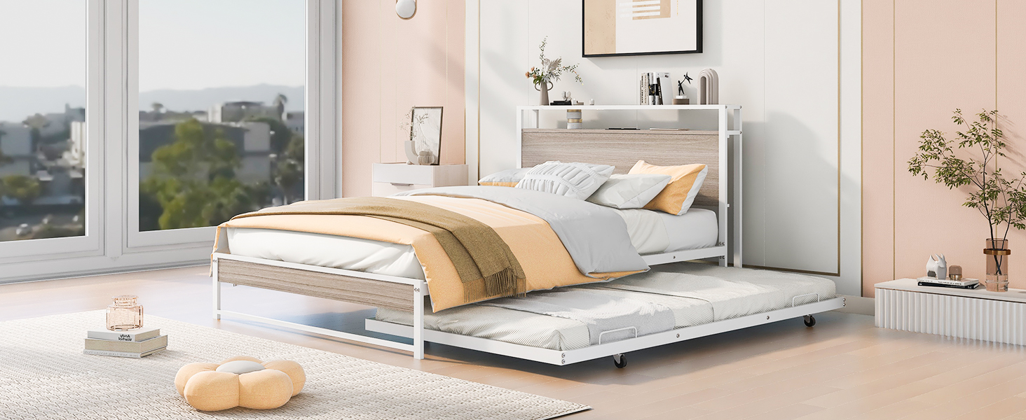 Full Size Metal Platform Bed Frame with Trundle, USB Ports and Slat Support No Box Spring Needed White - Korvel