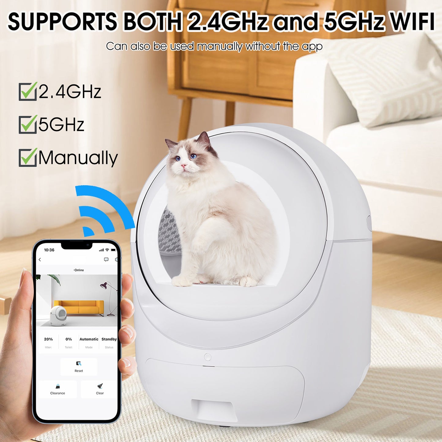Intelligent cat litter box, automatically eliminates odors, application control, supports multiple cats with 5G and 2.4G WiFi - Korvel