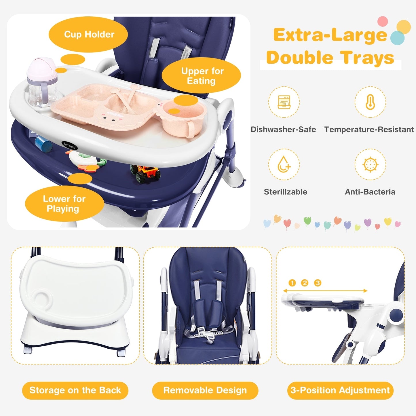 Gbruno A-Shaped High Chair with Lockable Wheels - Navy