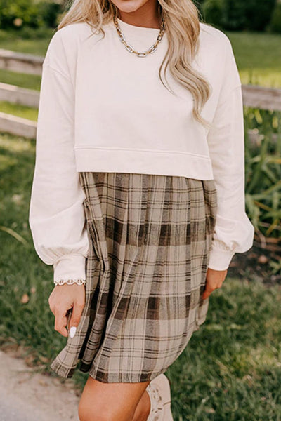 Vintage Plaid Round Neck Long Sleeve Mini Dress Cozy & Stylish Dress Retro Design Dress For Party - Korvel