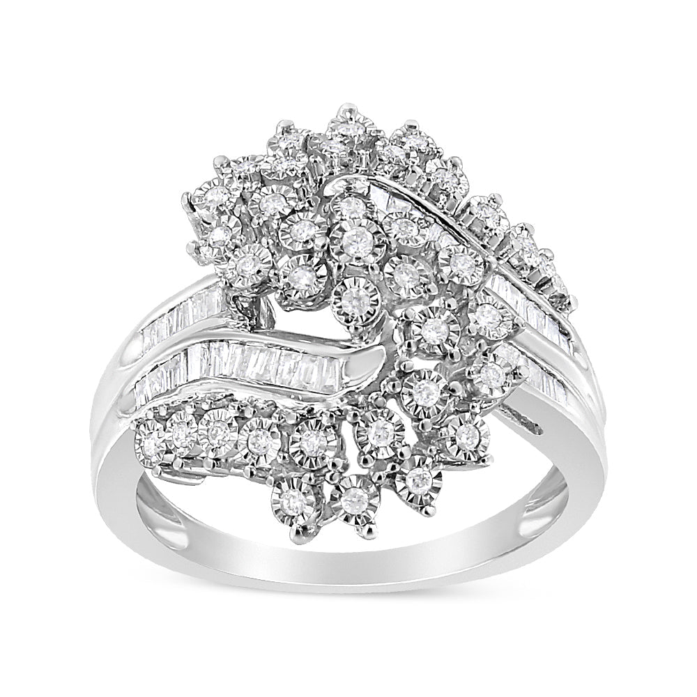 Bague cocktail en or blanc 10K avec diamants ronds et baguette - Taille 7