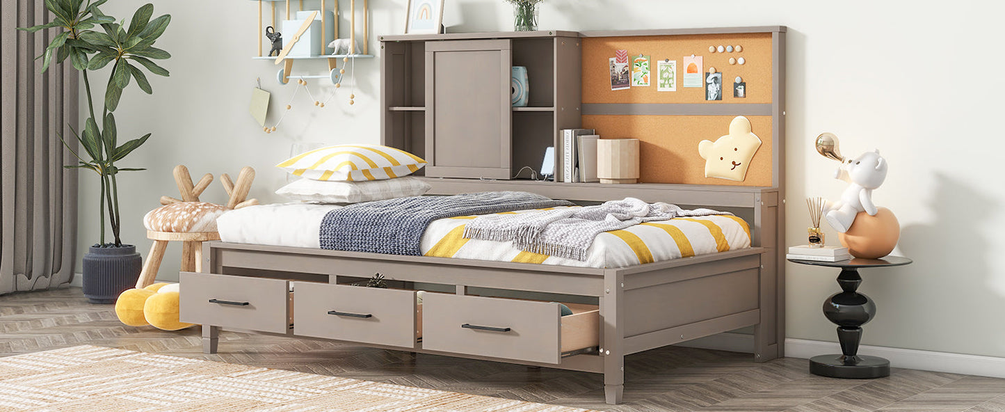 Twin Size Lounge Daybed with Storage Shelves, Cork Board, USB Ports and 3 Drawers, Antique Gray - Korvel