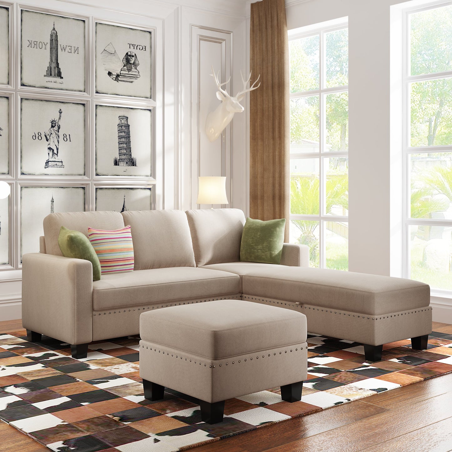 Canapé Sectionnel Réversible avec Ottoman de Rangement - Gris Chaud