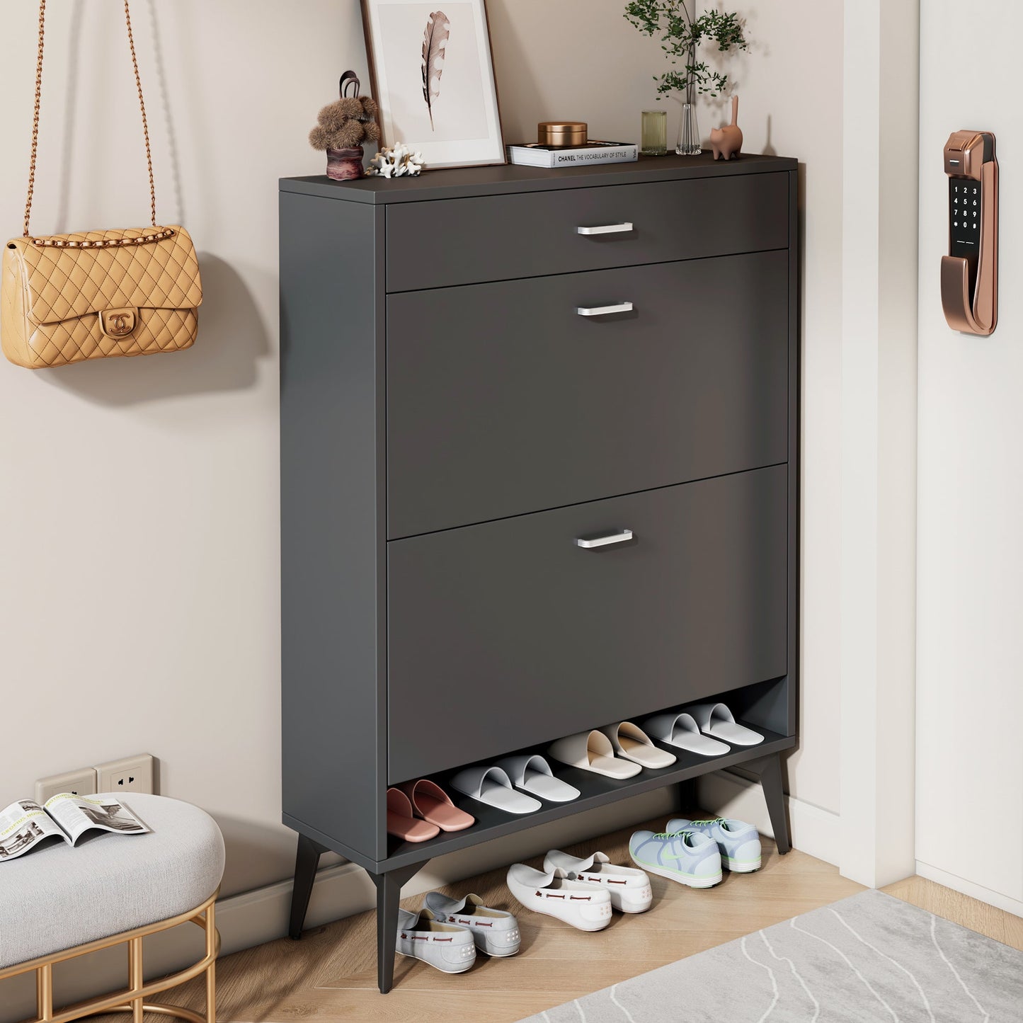 Shoe Cabinet , Shoe storage shelves, Grey - Korvel