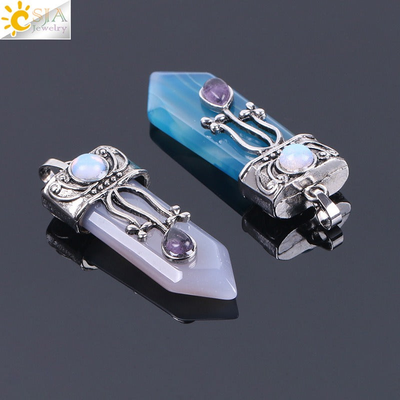 CSJA Vintage Large Natural Stone Sword-Shaped Pendant Jewelry Striped Crystal Agate Tiger Eye Jewelry Pendant Without Chain - Korvel
